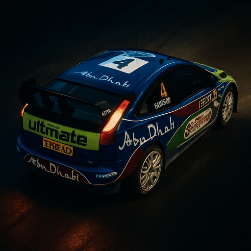 Photorealistic Ford Focus RS WRC 2008 Rallycar in nightlight, drone topview from back and 45 degrees angle in top right corner