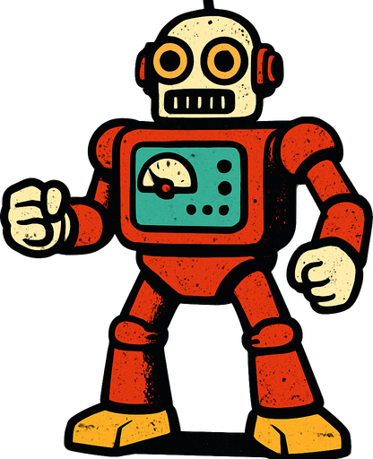 The entire body of the robot should be visible, and its hands should be in a fist shape..
In-Game asset.  2d.  High contrast.  No shadows