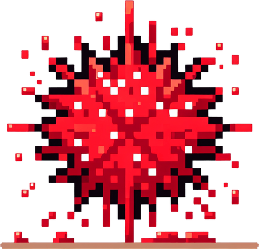 8-bit pixelated radial watermelon red juice explosion splash.
Single Game Texture. In-Game asset. 2d. Blank background. High contrast. No shadows.