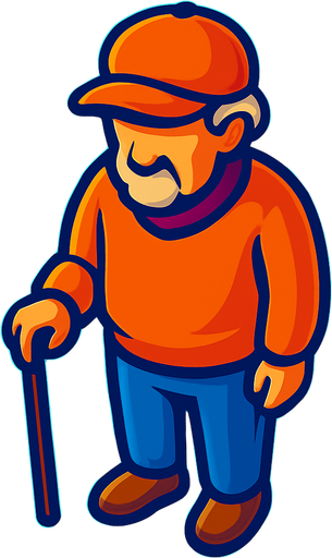 An old man with a cane and hat. Still facing straight forward with back facing straight down.