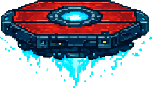 Mechanical floating platform, red metal surface with glowing energy core, sci-fi futuristic design, sleek metallic texture, blue energy particles or trails around edges, hovering effect, technological appearance with small lights or circuits, 2D pixel art style, side view, transparent background.
In-Game asset.  2d.  High contrast.  No shadows