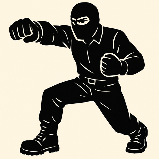 hombre con camisa negra de manga larga, pantalones negros, botas negras y guantes negros y un pasamontañas negro dando un puñetazo..
In-Game asset.  2d.  High contrast.  No shadows