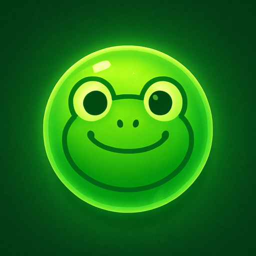 A green bubble with a cartoon frog face, glowing softly, top-down view, mobile puzzle game sprite.
In-Game asset.  2d.  High contrast.  No shadows