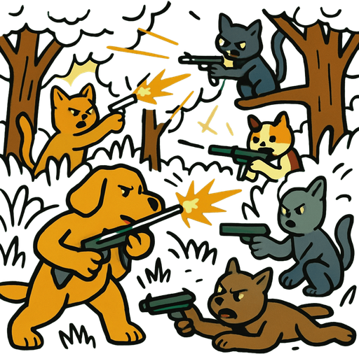 silahlı çaatışma içinde olan kediler ve köperklerle dolu bir orman.
In-Game asset.  2d.  High contrast.  No shadows