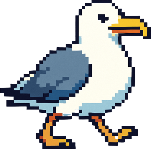 very big seagull looking to the right, pixelart, walking.
In-Game asset.  2d.  High contrast.  No shadows