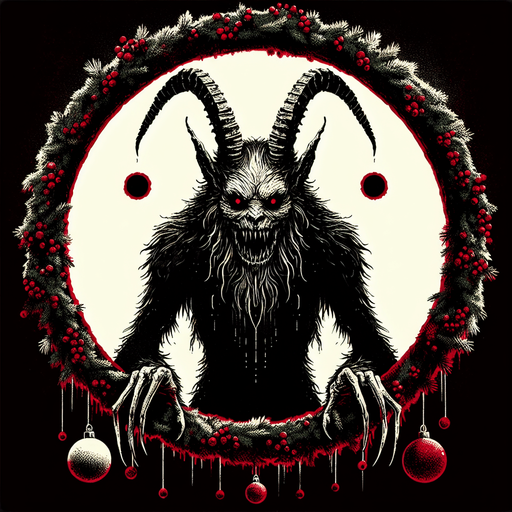 eerie christmas inspired krampus frame with two circular holes with a resident evil style.
Single Game Texture. In-Game asset. 2d. Blank background. High contrast. No shadows.