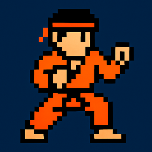 An orange fighter karate 8 bit style.
In-Game asset.  2d.  High contrast.  No shadows
