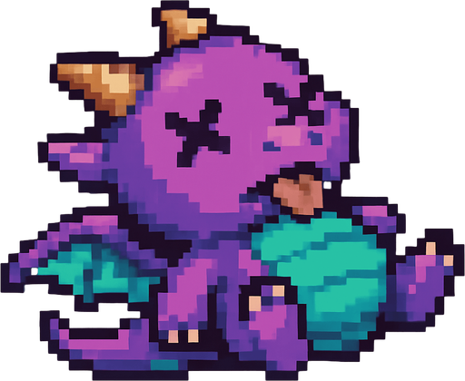 A pixel art version of the baby dragon character shown in a defeated state, designed for a 2D side-scrolling game. The dragon appears to be falling or lying on its back, with X-shaped eyes or closed eyelids. Its wings are limp and slightly spread, the tail droops, and its mouth is slightly open with a small tongue sticking out. The overall design remains cute and fantasy-inspired, with a cartoonish touch, but clearly shows the dragon is no longer active or alive. The colors and features should match the flying version for consistency.