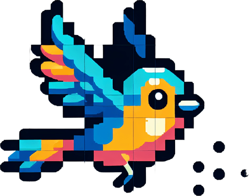 Flapping bird. 32x32.
Single Game Texture. Pixel art, In-Game asset. 2d. Blank background. High contrast. Bright colors. No shadows.