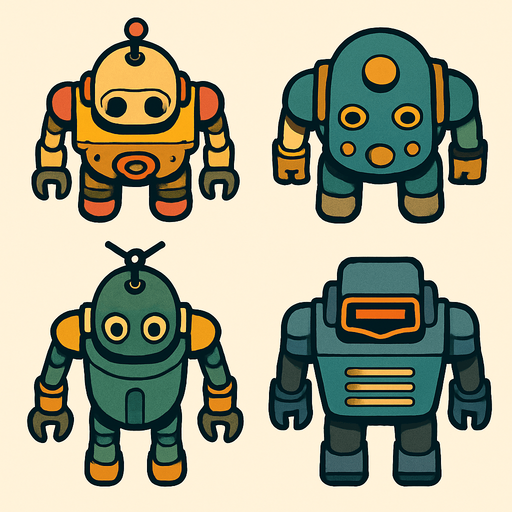 Robot algo viejos vistos desde arriba.
In-Game asset.  2d.  High contrast.  No shadows