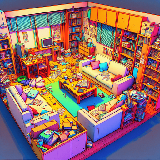 dağınık bir oturma odası, odanın içinden görünüm. 3d renkli anime, çizgi film