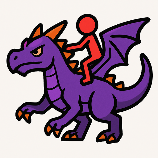 Purple dragon with a red stickman riding it.
In-Game asset.  2d.  High contrast.  No shadows