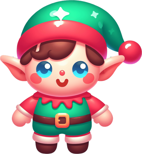 one cute christmas elf. plastic style. Single Game Texture. In-Game asset. 2d. Blank background. High contrast. No shadows.