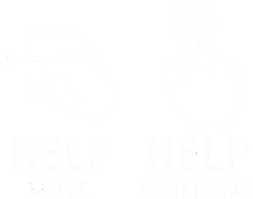 white stroked help illustration indicating move (hand + arrows) and one indicating double tap (hand + circles)