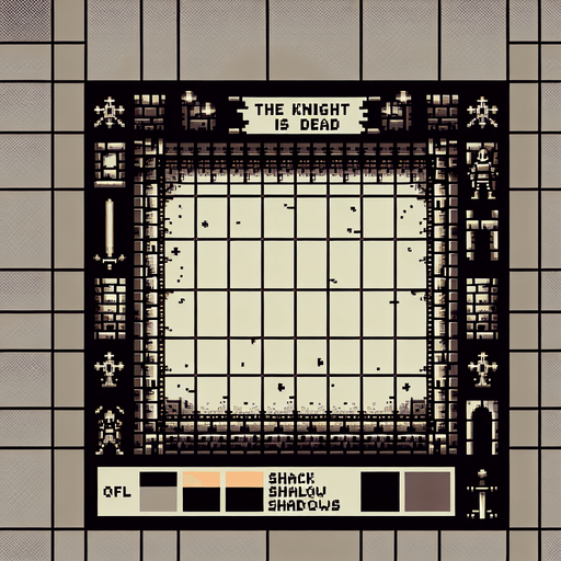 Pixealrt. Dungeon. Reads: The Knight is DEAD.
Single Game Texture. In-Game asset. 2d. Blank background. High contrast. No shadows.