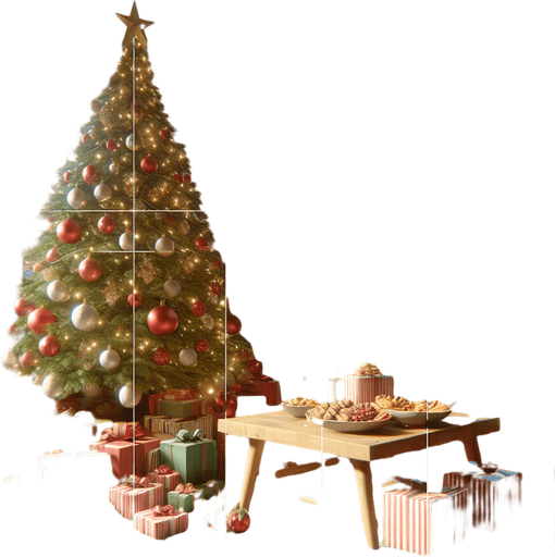 A cozy living room with a christmas tree, presents, snacks, ornaments and everythning in place for christmas. Single Game Texture. In-Game asset. 2d. Blank background. High contrast. No shadows.