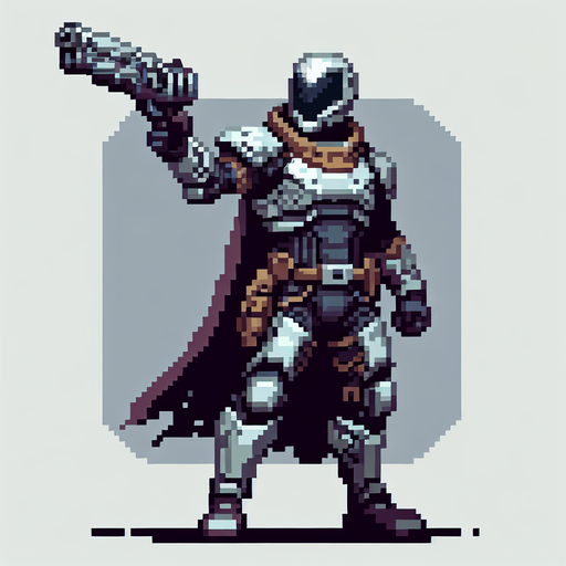 Create a pixel art sprite of the Mandalorian from the Star Wars universe. The Mandalorian should be standing in a determined pose, with his beskar armor and blaster raised. The sprite should be detailed and recognizable, but also stylized to fit within the pixel art aesthetic.
The Mandalorian is a skilled bounty hunter known for his unwavering determination and formidable combat skills. Clad in his signature beskar armor, he wields an array of deadly weapons, including his trusty blaster and a jetpack that allows him to maneuver with incredible agility. Despite his gruff exterior, the Mandalorian possesses a strong sense of honor and a deep-seated loyalty to those he protects.