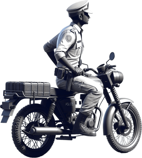 Inspector chingam on police bike with police dress.
Single Game Texture.  In-Game asset.  2d.  Blank background.  High contrast.  No shadows