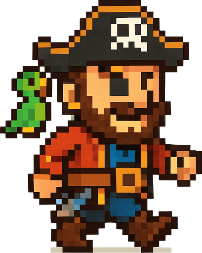El pirata debe ser un personaje simpático y reconocible en estilo pixel art, con sombrero tricornio negro o marrón con una calavera blanca en el centro, un parche en uno de los ojos, barba o bigote corto, y una expresión decidida o divertida; su ropa debe incluir una chaqueta roja o azul, cinturón ancho, pantalones cortos y botas, todo con detalles simples pero claros; puede tener un accesorio como una espada al cinto o un loro en el hombro, y su animación debe mostrarlo caminando o balanceándose ligeramente como si estuviera en un barco; el fondo debe ser transparente y el diseño debe ser compacto, ideal para un juego colorido y caricaturesco..
In-Game asset.  2d.  High contrast.  No shadows