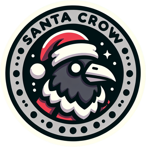 Icon for santa crow, on a circle, with the text „santa crow“ at top Single Game Texture. In-Game asset. 2d. Blank background. High contrast. No shadows.