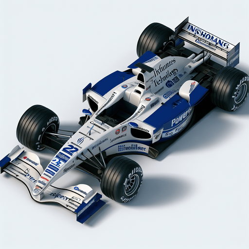 BMW FW26 F1 car from 2006 year. Top view. White body with thick royalblue livery. white coloured Sponsors: ,,Allainz" , ,,caistrol" , hp , FedEx , "Willaims". "BMiW POWER"..
Single Game Texture. In-Game asset. 2d. Blank background. High contrast. No shadows.