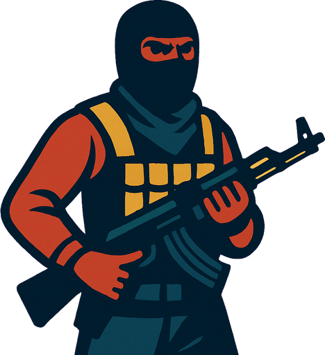 create me a terrorist soldier for the enemy.
In-Game asset.  2d.  High contrast.  No shadows