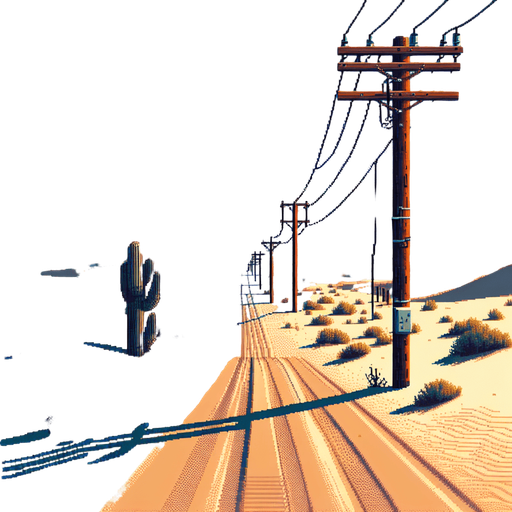 wooden electric pole on a desert road.
video game style