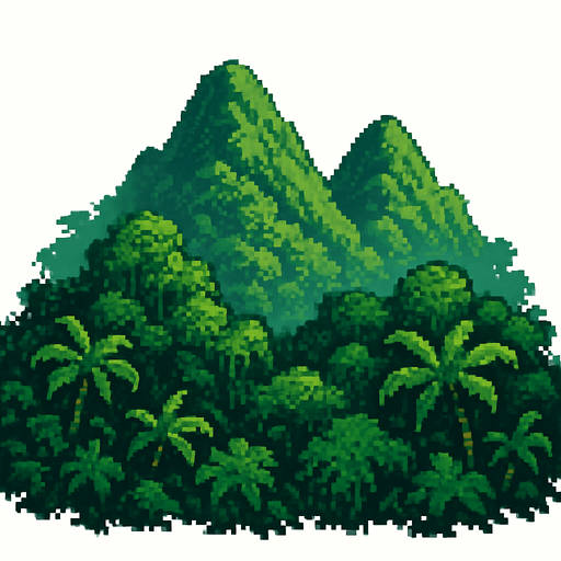 Generame una montañas de selva pixelar en fondo blanco, cercanas.
In-Game asset.  2d.  High contrast.  No shadows
