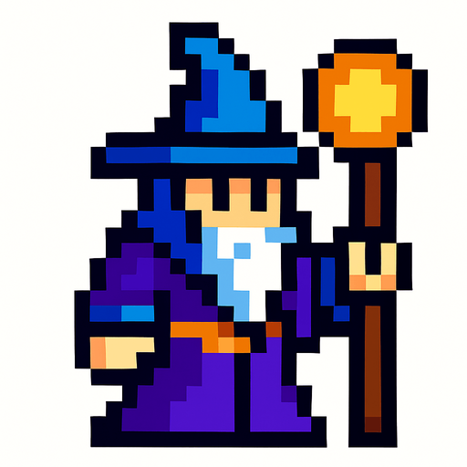 piksel büyücü.
In-Game asset.  2d.  High contrast.  No shadows