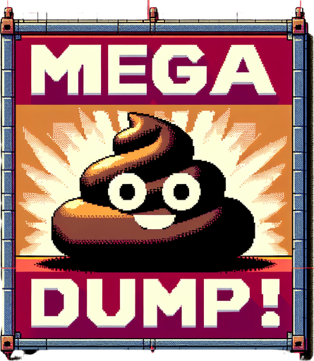 text saying "Mega Dump!" against a giant poop banner. pixelated. 8-bit.
Single Game Texture. In-Game asset. 2d. Blank background. High contrast. No shadows.