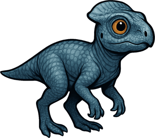 A small Microceratus dinosaur with smooth blue-gray scaly skin. It has a compact body, delicate limbs, and a short tail. The head has a small frill and bright curious eyes. The skin texture is detailed with fine scales, emphasizing its agility and small size..
In-Game asset.  2d.  High contrast.  No shadows
