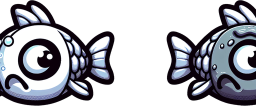 Две версии одной рыбы одна не испуганная другая испуганная 
Анимационом стиле.
Single Game Texture. In-Game asset. 2d. Blank background. High contrast. No shadows.
