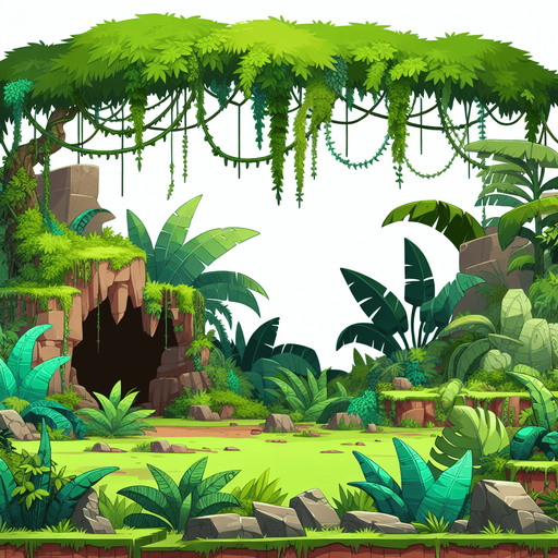 A animated image of prehistoric jungle with a cave.
Single Game Texture. In-Game asset. 2d. Blank background. High contrast. No shadows.