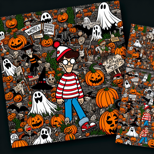 Generate a high quality cartoon background Halloween image on a black canvas similar to the format of where is waldo.
Single Game Texture. In-Game asset. 2d. Blank background. High contrast. No shadows.