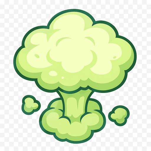 Top-down view of a cartoon-style fart cloud shaped like a small nuclear explosion, soft puffy smoke, exaggerated mushroom shape, playful and funny, light greenish tint, stylized for a colorful top-down mobile game, clear outline, transparent background.
In-Game asset.  2d.  High contrast.  No shadows