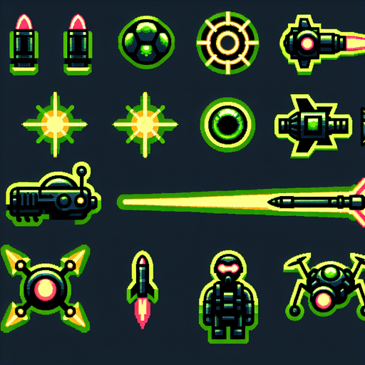 A sprite sheet that has power up icons. Icons include three bullets, a laser beam, a rocket, a drone and a small soldier. Cyberpunk and using neon glow. Green and yellow highlights. 
Single Game Texture. In-Game asset. 2d. Blank background. High contrast. No shadows.
