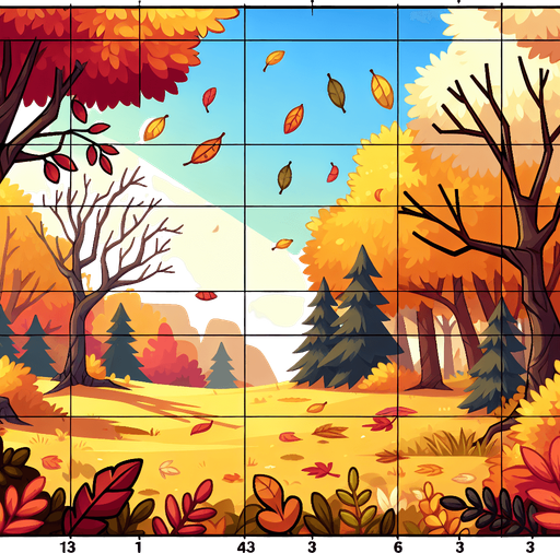 A background image for a puzzle video game depicting the season of fall. Cartoon.
Single Game Texture. In-Game asset. 2d. Blank background. High contrast. No shadows.