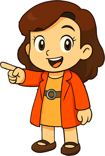 Make her point forward with her right hand and she has a happy look on her face