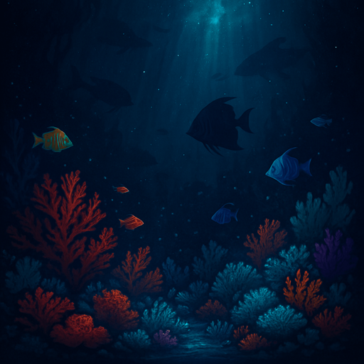 A fantasy underwater scene in a dark deep ocean, illustrated in highly detailed fantasy art style. The background is a dark abyss with faint rays of light piercing from above, casting soft glows through the water. At the bottom of the scene, vibrant and colorful coral reefs in hues of red, purple, teal, and orange spread across the sea floor. Exotic fish swim gently among the coral. The entire scene is viewed with a cinematic wide angle. Shadows of sea creatures loom faintly in the background. The water has particles suspended, giving it a mysterious and immersive depth. Bioluminescent algae softly glow in some areas of the coral. The overall tone is mysterious yet magical. Black background base. Ideal for a 5x5 grid overlay. No text, pure environment. 4K ultra-detailed fantasy illustration..
In-Game asset.  2d.  High contrast.  No shadows