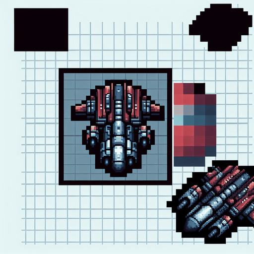 Spaceship 2D Pixel..
Single Game Texture. In-Game asset. 2d. Blank background. High contrast. No shadows.