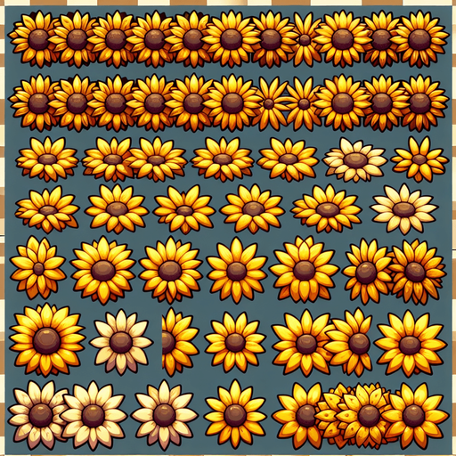 A sprite sheet of different yellow sunflowers seen from above. Cartoon. All similar size. Just the blossom. Bold colors and shading. 
Single Game Texture. In-Game asset. 2d. Blank background. High contrast. No shadows.