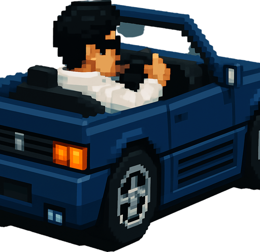 The hair color of the driver is black and he wears a futuristic white jacket