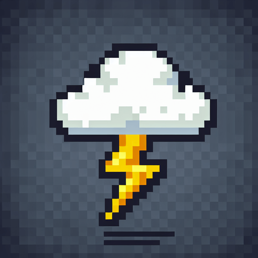 8-bit cloud with lightning. in game asset. white cloude. yellow lighning. Single Game Texture. In-Game asset. 2d. Blank background. High contrast. No shadows.