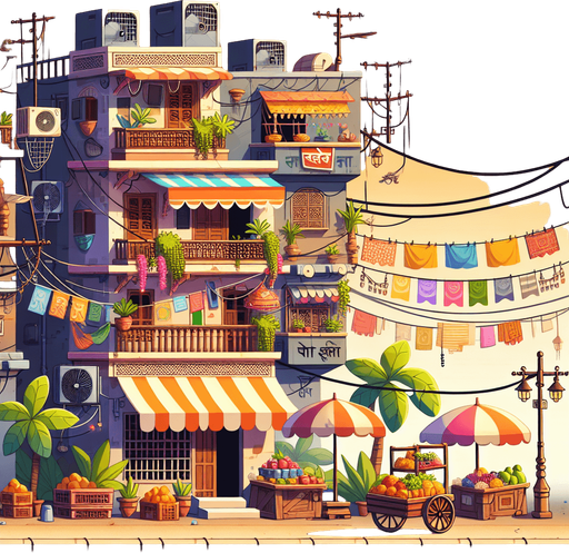 Create 2D cartoon-style Indian street buildings for a side-scrolling background. Include colorful shops with Hindi signboards, tea stalls, fruit carts, clotheslines with hanging clothes, and balconies with flower pots. Add hanging wires, fans, and posters on the walls for detail. Style should be vibrant, humorous, and full of character, matching a fun endless runner game..fore ground sky with sun
Single Game Texture.  In-Game asset.  2d.  Blank background.  High contrast.  No shadows