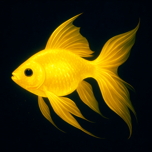 A conceptual design of a golden, yellow-colored fish with a unique, bioluminescent quality. Its body is a vibrant yellow-gold, and the scales appear to subtly glow, as if illuminated from within. Its fins are long and flowing, resembling flowing silk, giving the fish an ethereal quality. The fish's eyes are large and black, providing a stark contrast to its bright body. It's swimming in a dark, deep-blue water, creating a dramatic visual effect. The colors and the composition are rendered in a high-resolution image with a sharp focus, ensuring every detail of the fish's body and its bioluminescence is visible, creating a visually stunning and memorable artwork..
In-Game asset.  2d.  High contrast.  No shadows. fish