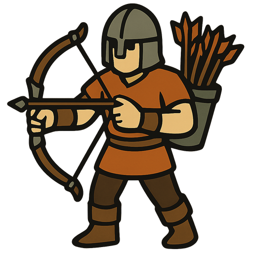 A human with a reinforced bow, iron helmet and a bucket full of arrows.
In-Game asset.  2d.  High contrast.  No shadows