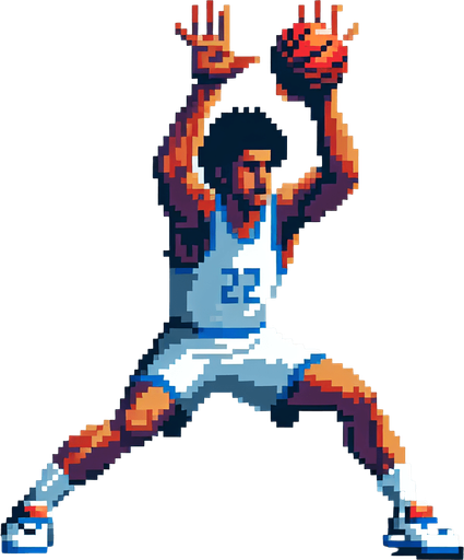 pixel art, an empty handed basketball player blocking with his empty hands over his head. full figure..
Blank background. High contrast. No shadows.
