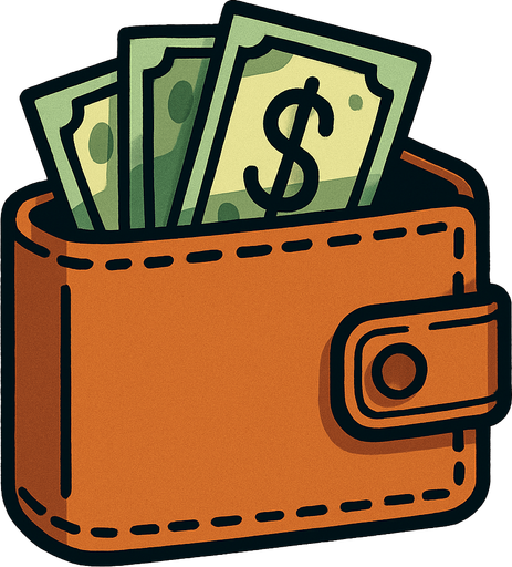 İçinde birkaç dolar olan cüzdan.
In-Game asset.  2d.  High contrast.  No shadows