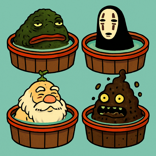 Japanese circle bath have different stink spirits from movie "spirited away". each one per bath. HD colors.
In-Game asset.  2d.  High contrast.  No shadows