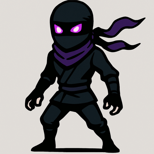A ninja wearing tight black clothes, purple scarf, masked face, white skin, glowing purple eyes, slim and agile body, simple background, front-facing character with no background, standing pose, 2D game character.
In-Game asset.  2d.  High contrast.  No shadows